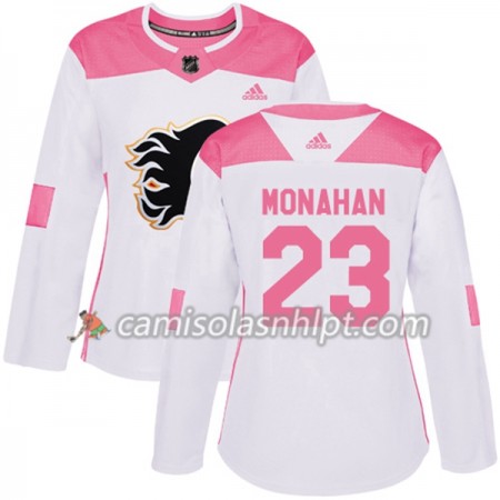 Camisola Calgary Flames Sean Monahan 23 Adidas 2017-2018 Branco Rosa Fashion Authentic - Mulher